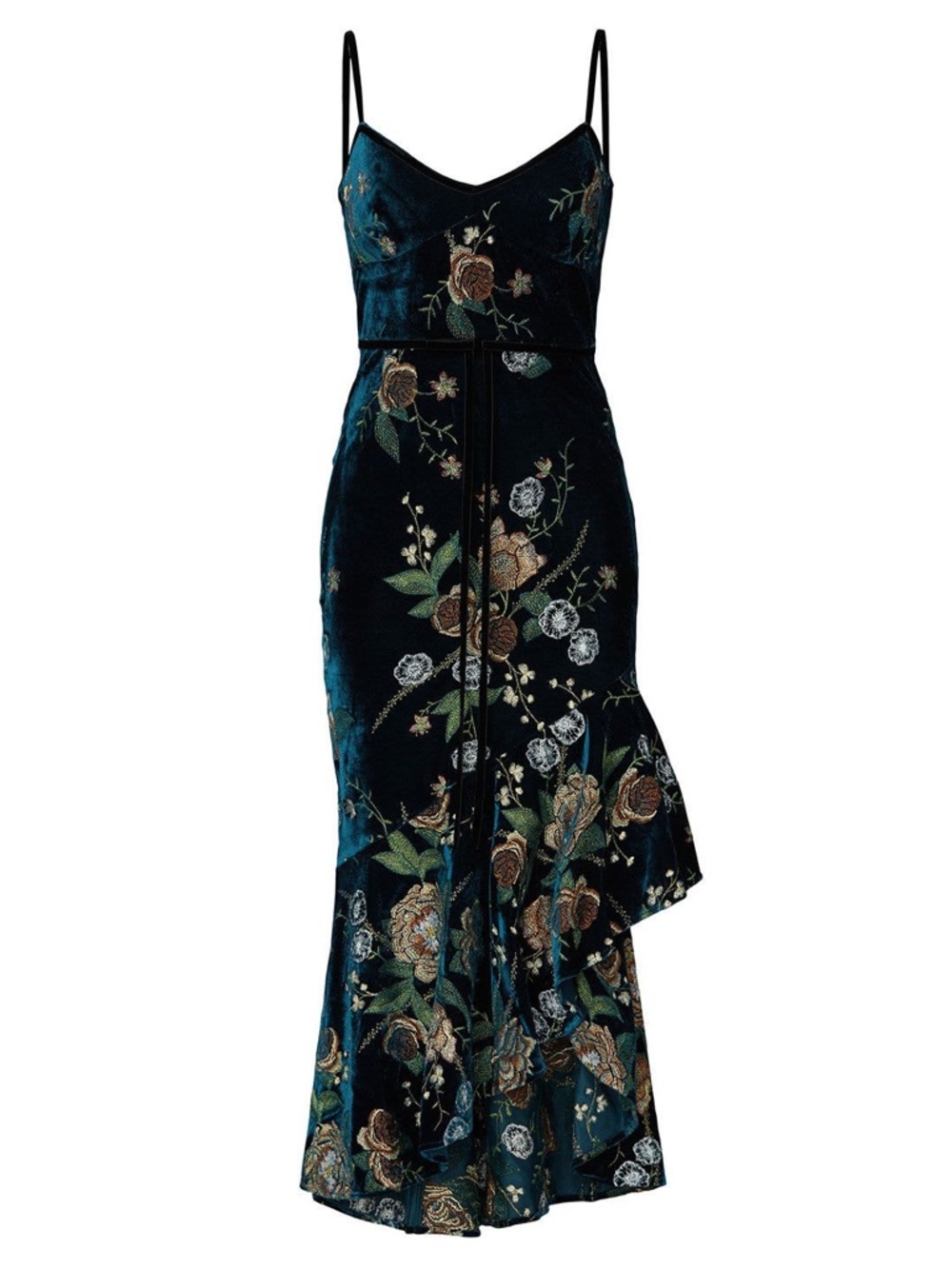 Marchesa Notte- Size 8- Floral Velvet Midi Slip Dress in Teal